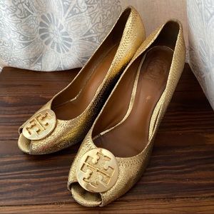 • Tory Burch • Julianne Gold Peep Toe Wedges